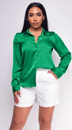 Braylee Kelly Green Satin Button Down Blouse Top