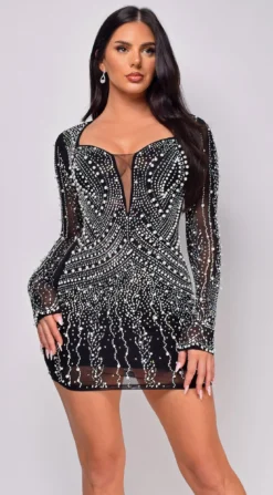 Dion Black Rhinestone Pearl Mini Dress