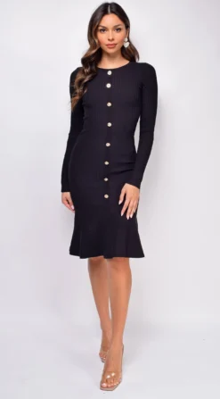 Hart Black Button Down Ribbed Midi Dress