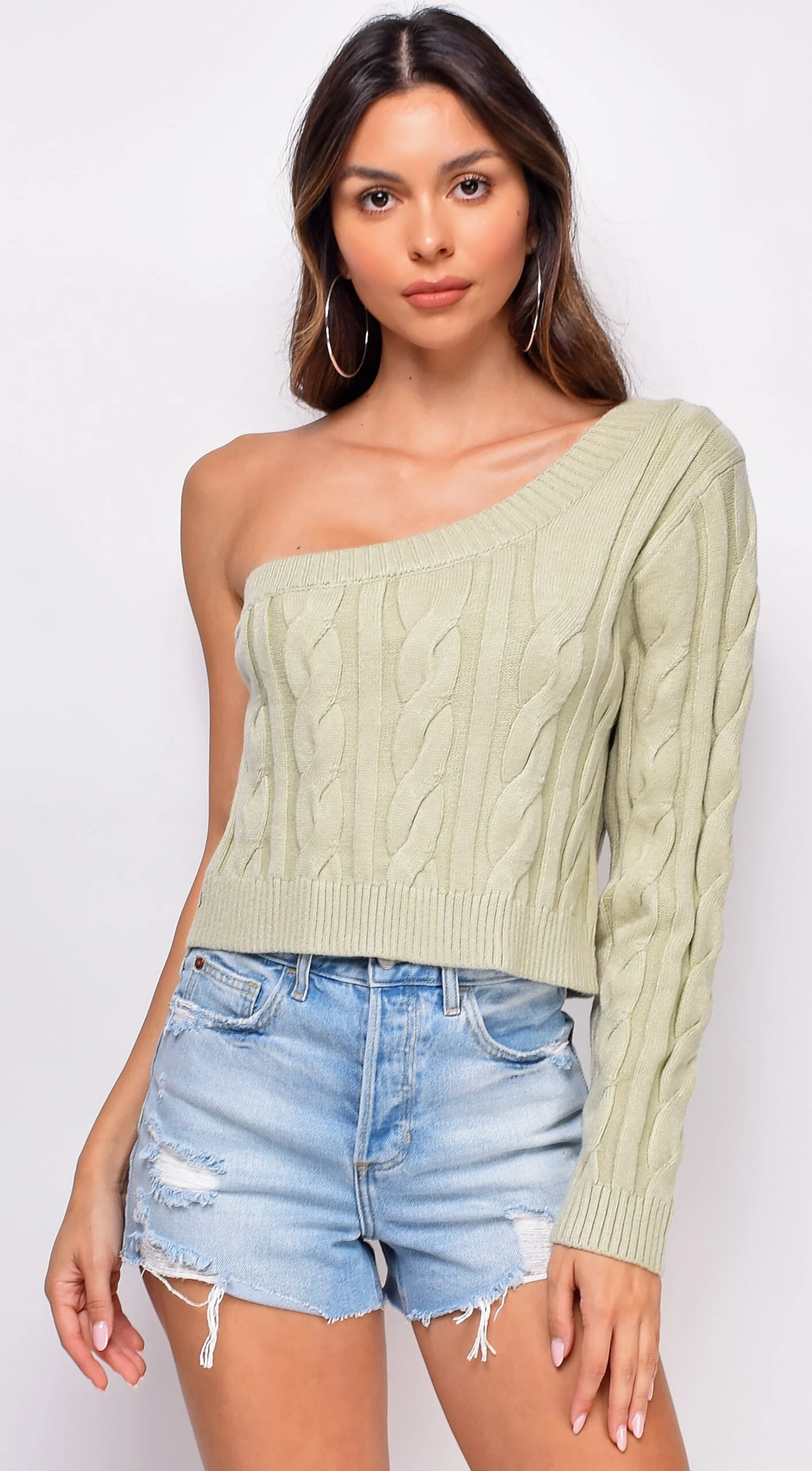 Harley Sage Green One Shoulder Sweater Top 2 Harley Sage Green One Shoulder Sweater Top - Image 2