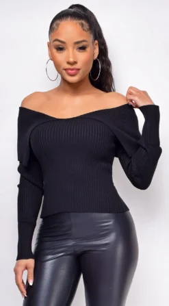 Remi Black Off Shoulder Knit Sweater Top