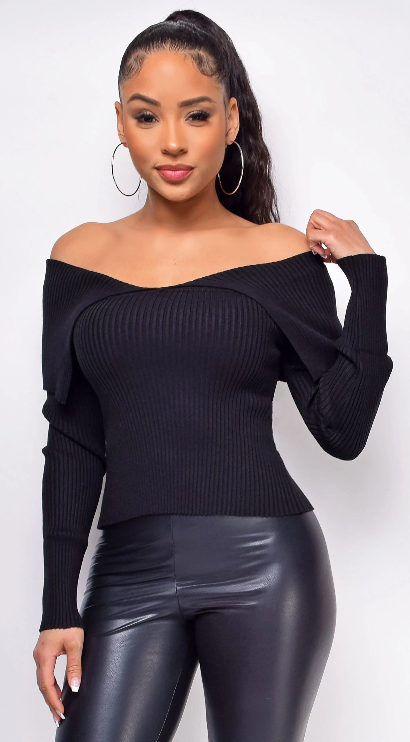 Remi Black Off Shoulder Knit Sweater Top 1 Remi Black Off Shoulder Knit Sweater Top