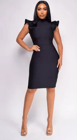 Aylin Black Ruffle Sleeve Bandage Midi Dress