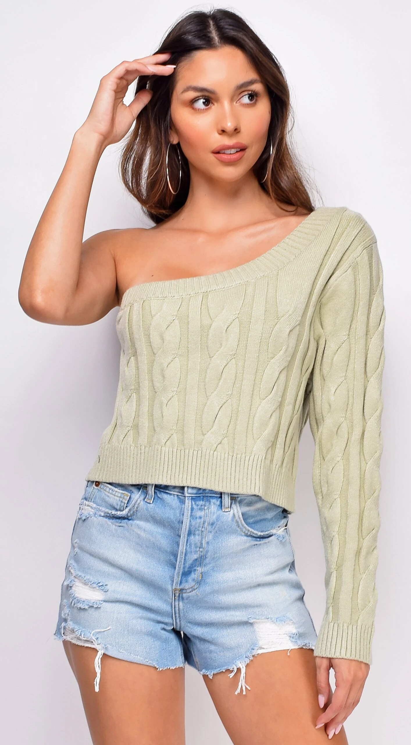 Harley Sage Green One Shoulder Sweater Top 1 Harley Sage Green One Shoulder Sweater Top