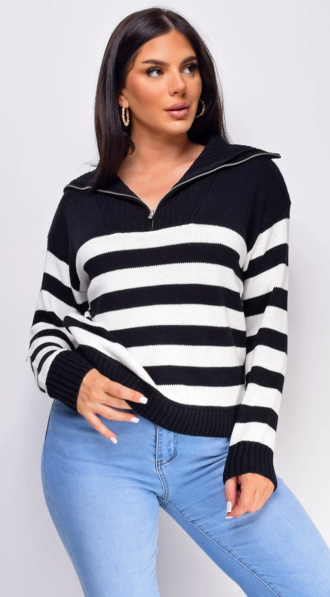 Kamila Black Striped Half Zip Long Sleeve Sweater Top 2 Kamila Black Striped Half Zip Long Sleeve Sweater Top - Image 2