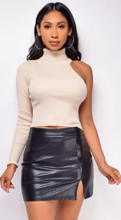 Laura Beige High Neck One Shoulder Top