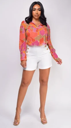 Lotus Orange Multi Color Button Up Blouse Top