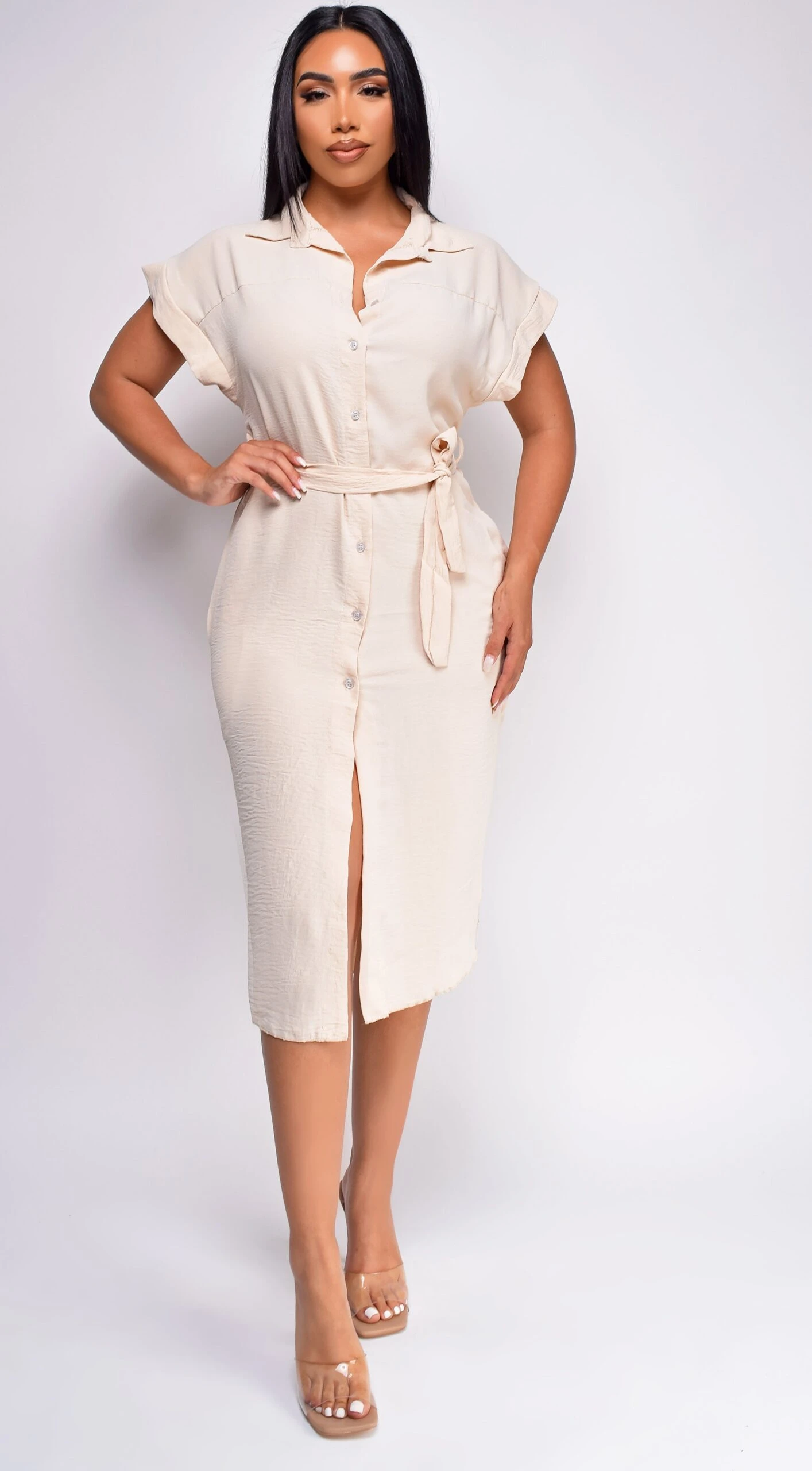 Ember Beige Button Down Crepe Shirt Dress 2 Ember Beige Button Down Crepe Shirt Dress - Image 2