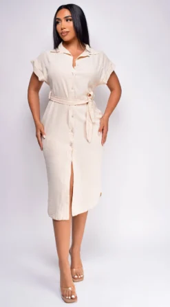 Ember Beige Button Down Crepe Shirt Dress