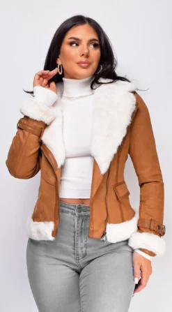 Blaer Camel Brown Suede Faux Fur Moto Jacket