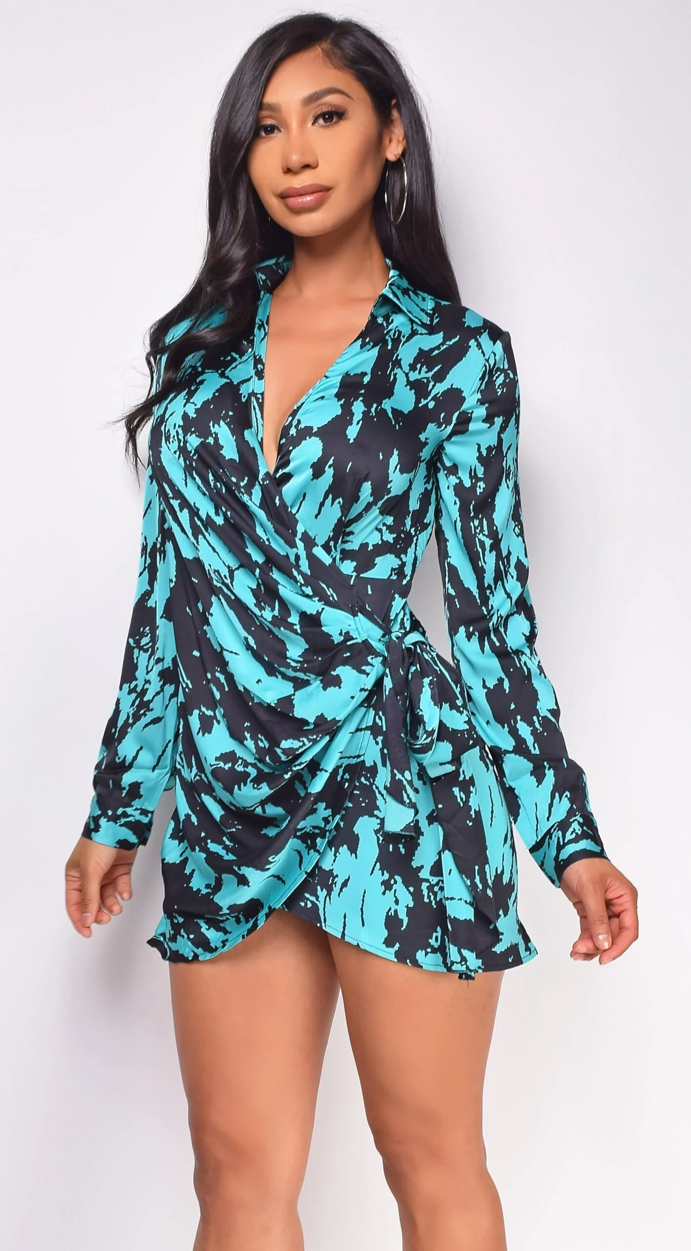 Gio Blue Black Abstract Print Wrap Satin Mini Dress 1 Gio Blue Black Abstract Print Wrap Satin Mini Dress