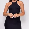Meira Black Halter Ribbed Mini Dress