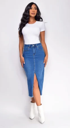 Saery Blue Denim Split Midi Skirt