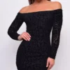 Allie Black Leopard Velvet Flock Off Shoulder Long Sleeve Dress