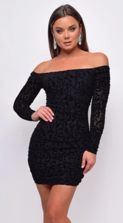 Allie Black Leopard Velvet Flock Off Shoulder Long Sleeve Dress