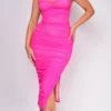 Keilana Pink Mesh Ruched Midi Dress