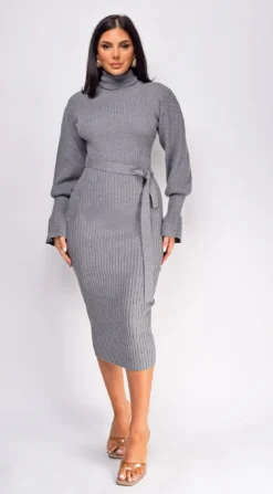 Sabriana Grey High Neck Midi Dress