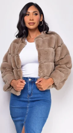Tamar Taupe Brown White Faux Fur Coat