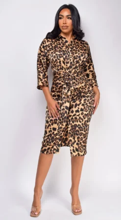 Daniela Brown Leopard Print Satin Midi Dress