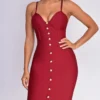 Nelinha Wine Red Gold Button Bandage Dress