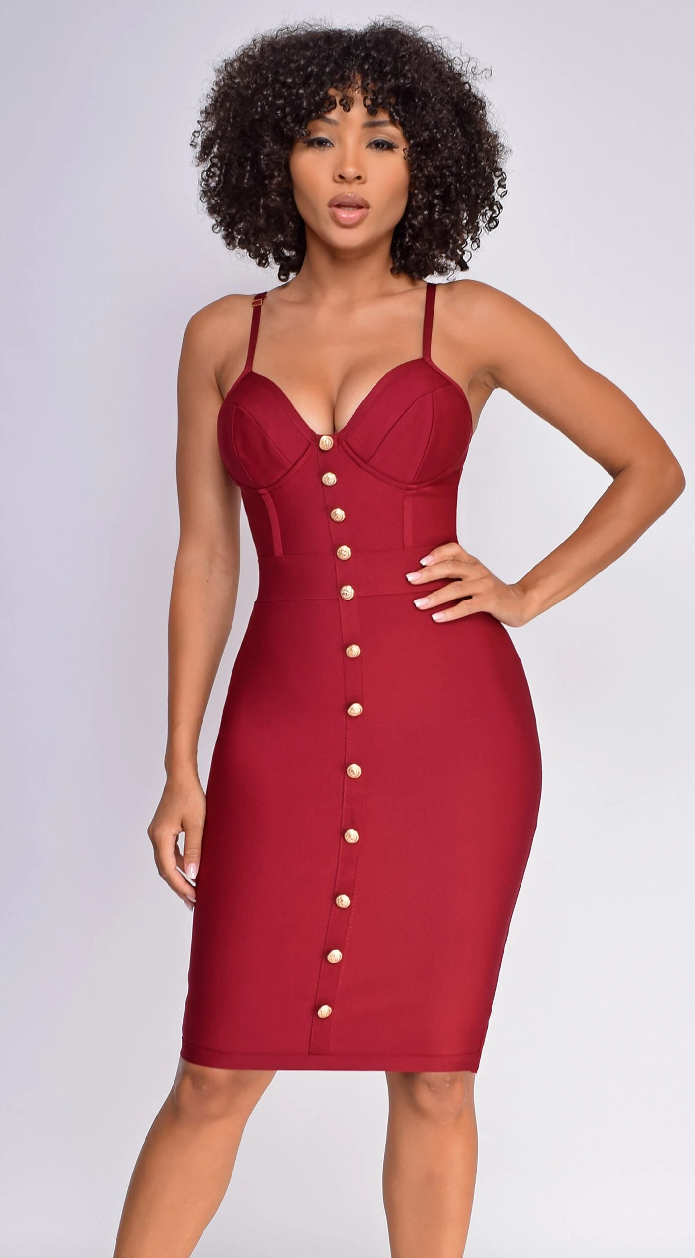 Nelinha Wine Red Gold Button Bandage Dress 1 Nelinha Wine Red Gold Button Bandage Dress