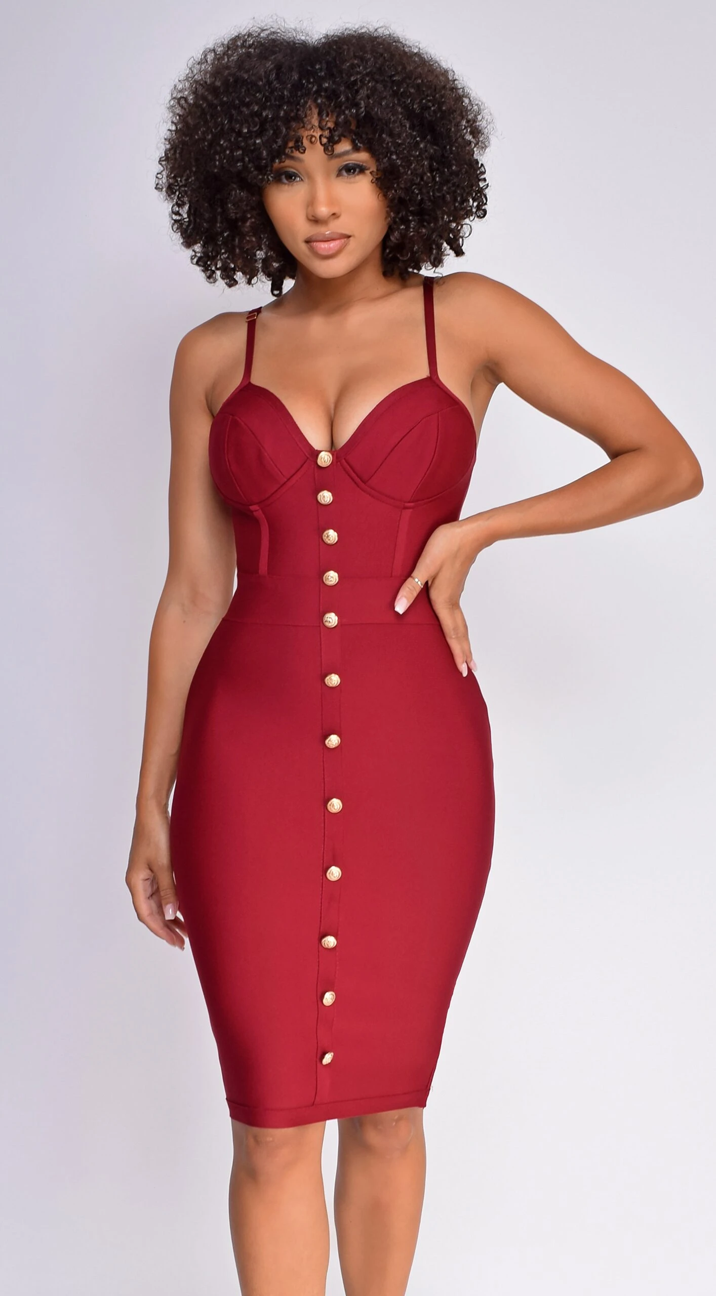 Nelinha Wine Red Gold Button Bandage Dress 2 Nelinha Wine Red Gold Button Bandage Dress - Image 2