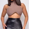 Tuba Brown High Neck Crop Top
