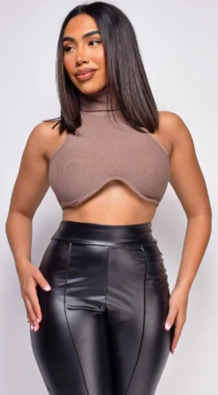 Tuba Brown High Neck Crop Top