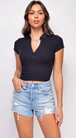 Nora Black Ribbed Collar Top