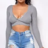 Evant Grey V Neck Button Crop Top