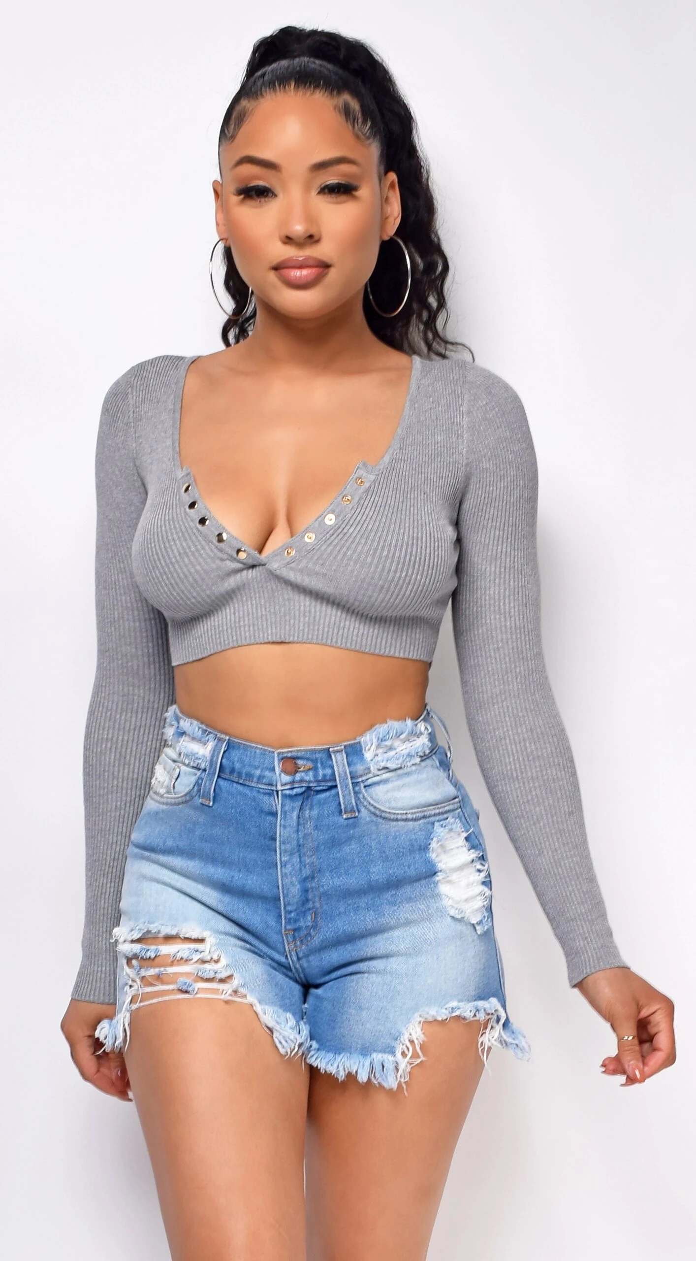 Evant Grey V Neck Button Crop Top 1 Evant Grey V Neck Button Crop Top