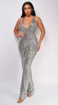 Gianella Silver Deep V Sequin Jumpsuit