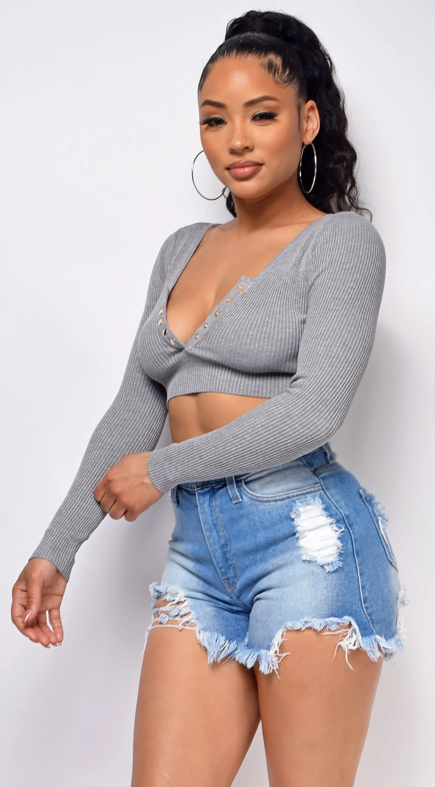 Evant Grey V Neck Button Crop Top 3 Evant Grey V Neck Button Crop Top - Image 3