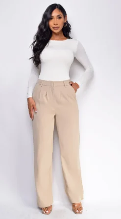 Theron Taupe Beige Pintuck Wide Leg Pants