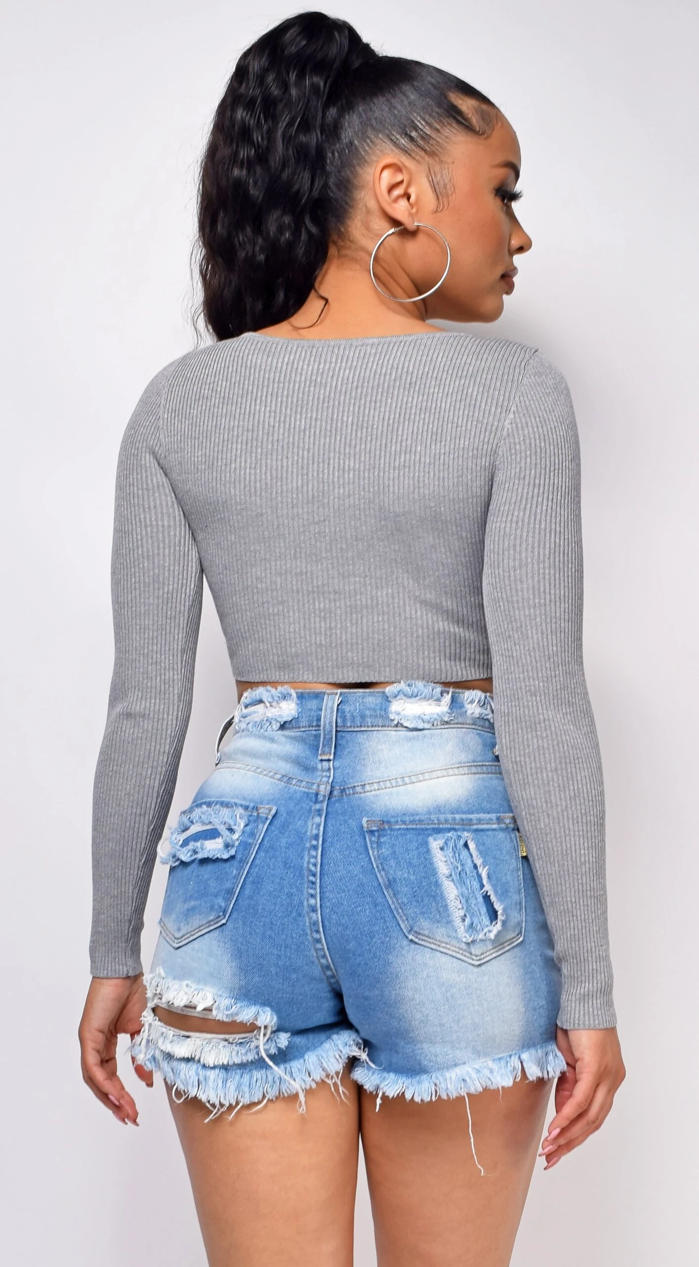 Evant Grey V Neck Button Crop Top 2 Evant Grey V Neck Button Crop Top - Image 2