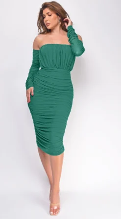 Annora Hunter Green Mesh Long Sleeve Ruched Midi Dress