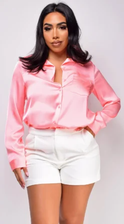 Braylee Bright Coral Pink Satin Button Down Blouse Top
