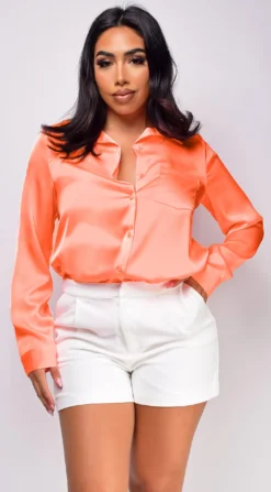 Braylee Neon Orange Satin Button Down Blouse Top