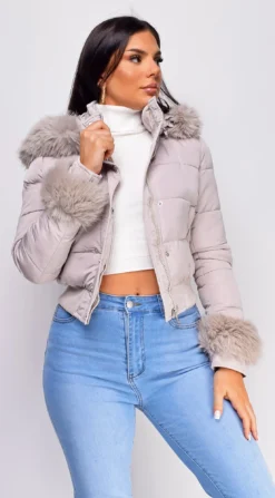 Tawny Cream Beige Puffer Faux Fur Jacket