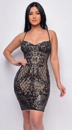 Serenity Black Nude Sequin Bustier Midi Dress