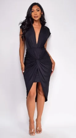 Majorca Black Front Twist Midi Dress
