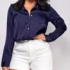 Braylee Navy Satin Button Down Blouse Top