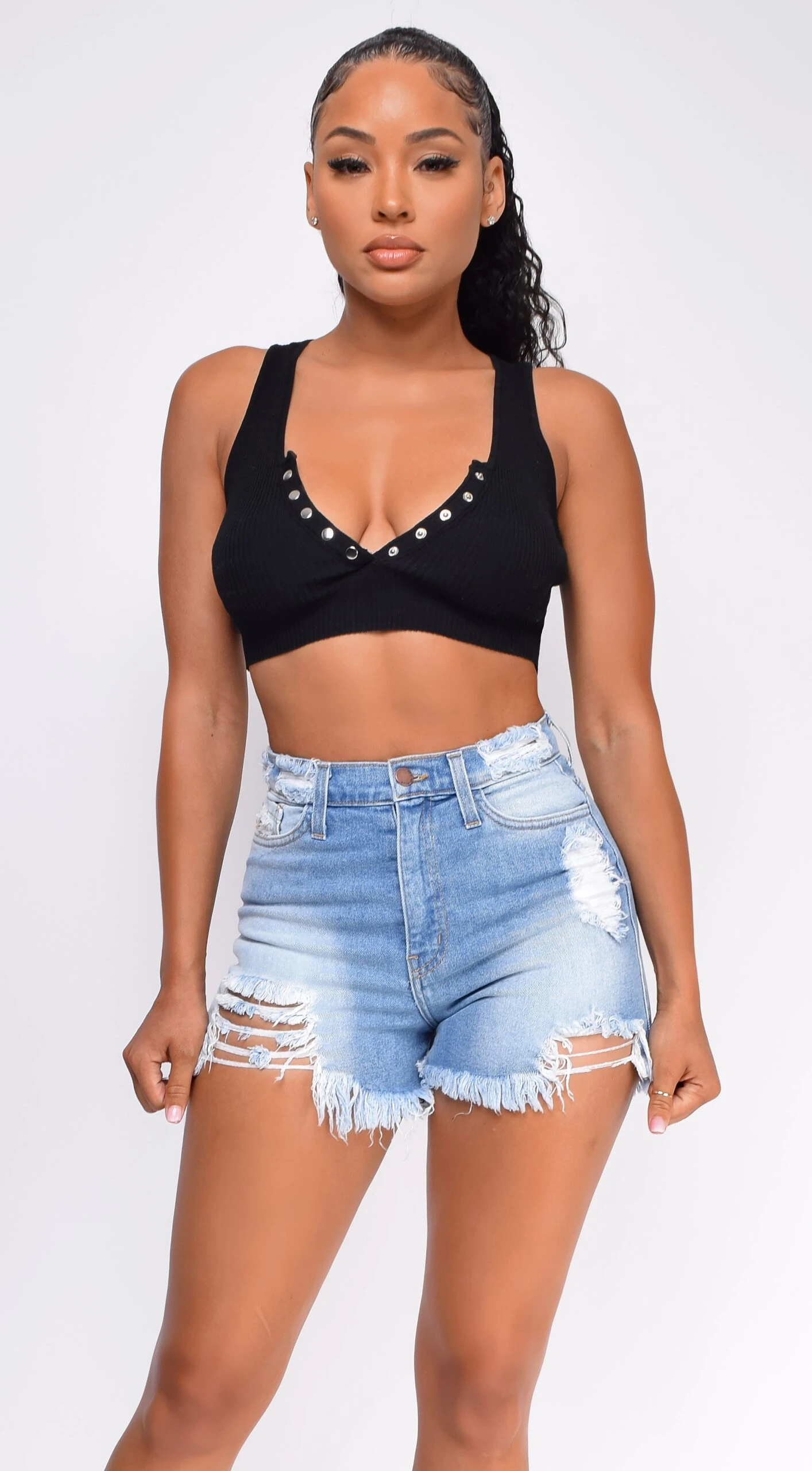 Tasman Blue Ripped Frayed Super High Waist Denim Shorts 2 Tasman Blue Ripped Frayed Super High Waist Denim Shorts - Image 2