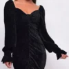 Rheanna Black Velvet Long Sleeves Ruched Dress