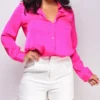 Braylee Hot Pink Satin Button Down Blouse Top