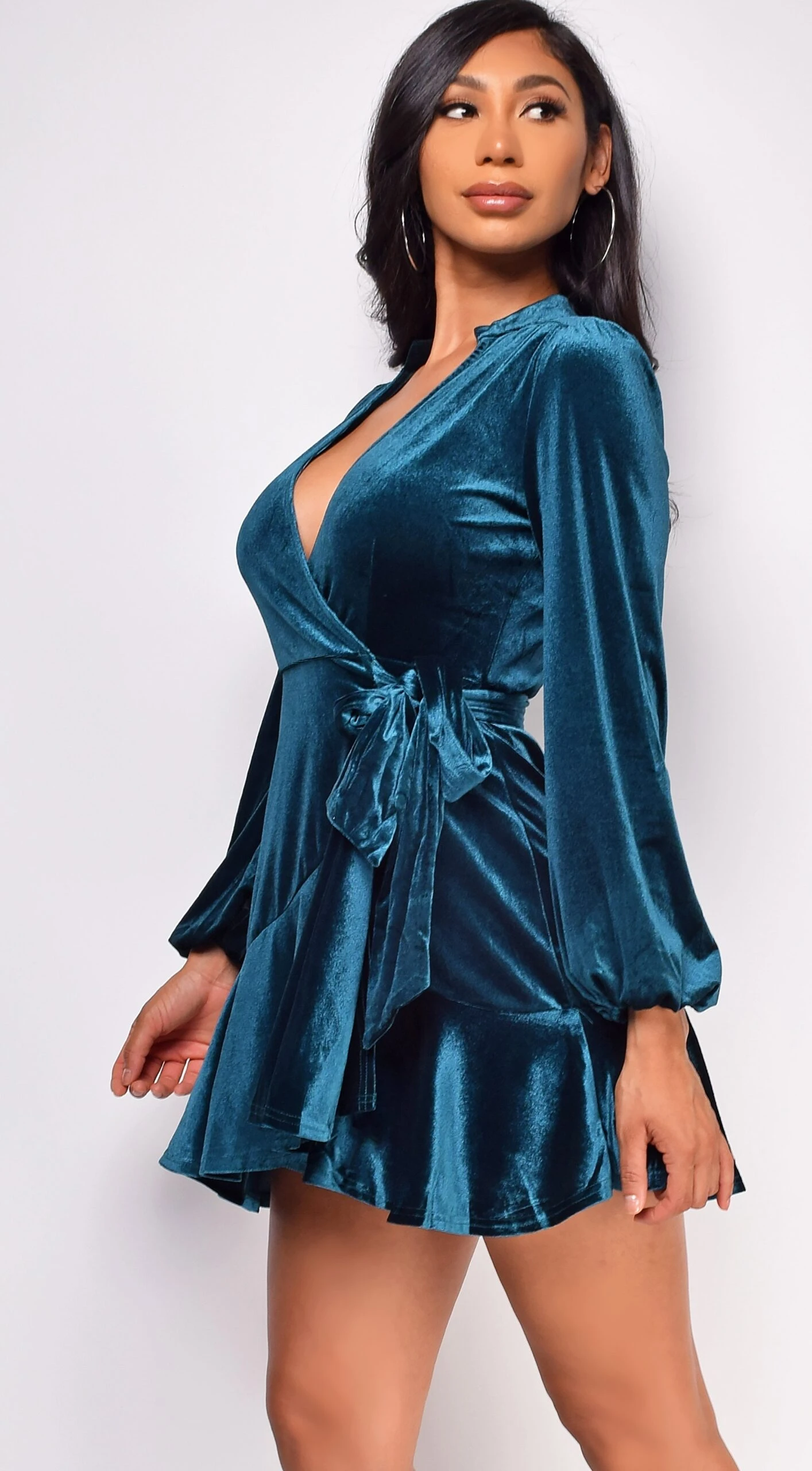 Dream Teal Blue Green Ruffled Wrap Velvet Mini Dress 2 Dream Teal Blue Green Ruffled Wrap Velvet Mini Dress - Image 2