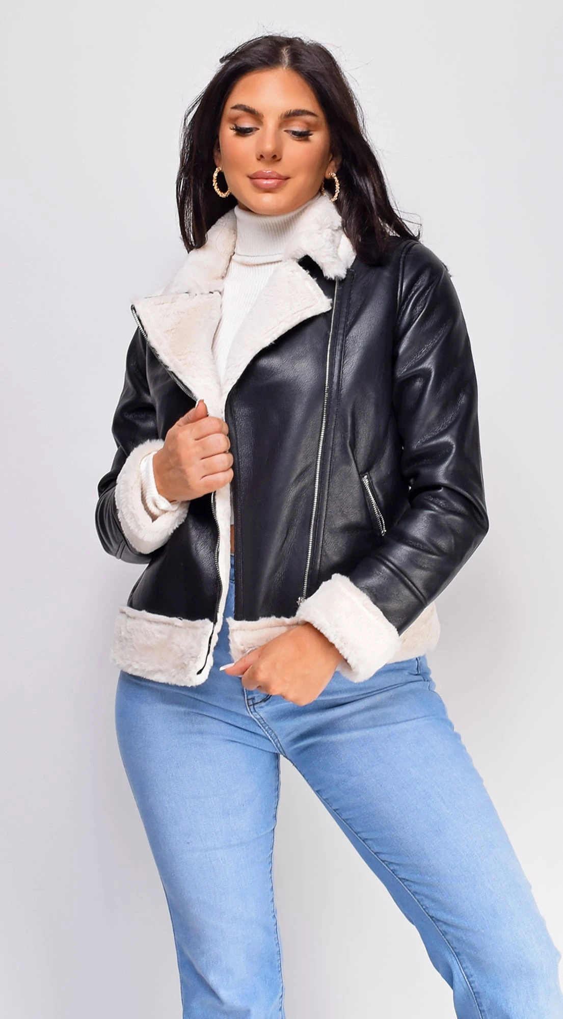 Azure Black Cream Faux Leather Winter Biker Coat 2 Azure Black Cream Faux Leather Winter Biker Coat - Image 2