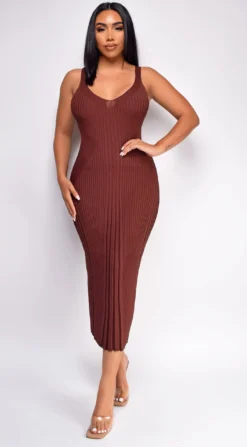 Londyn Brown Ribbed Midi Dress