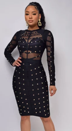Mio Black Studded Mesh Bandage Dress