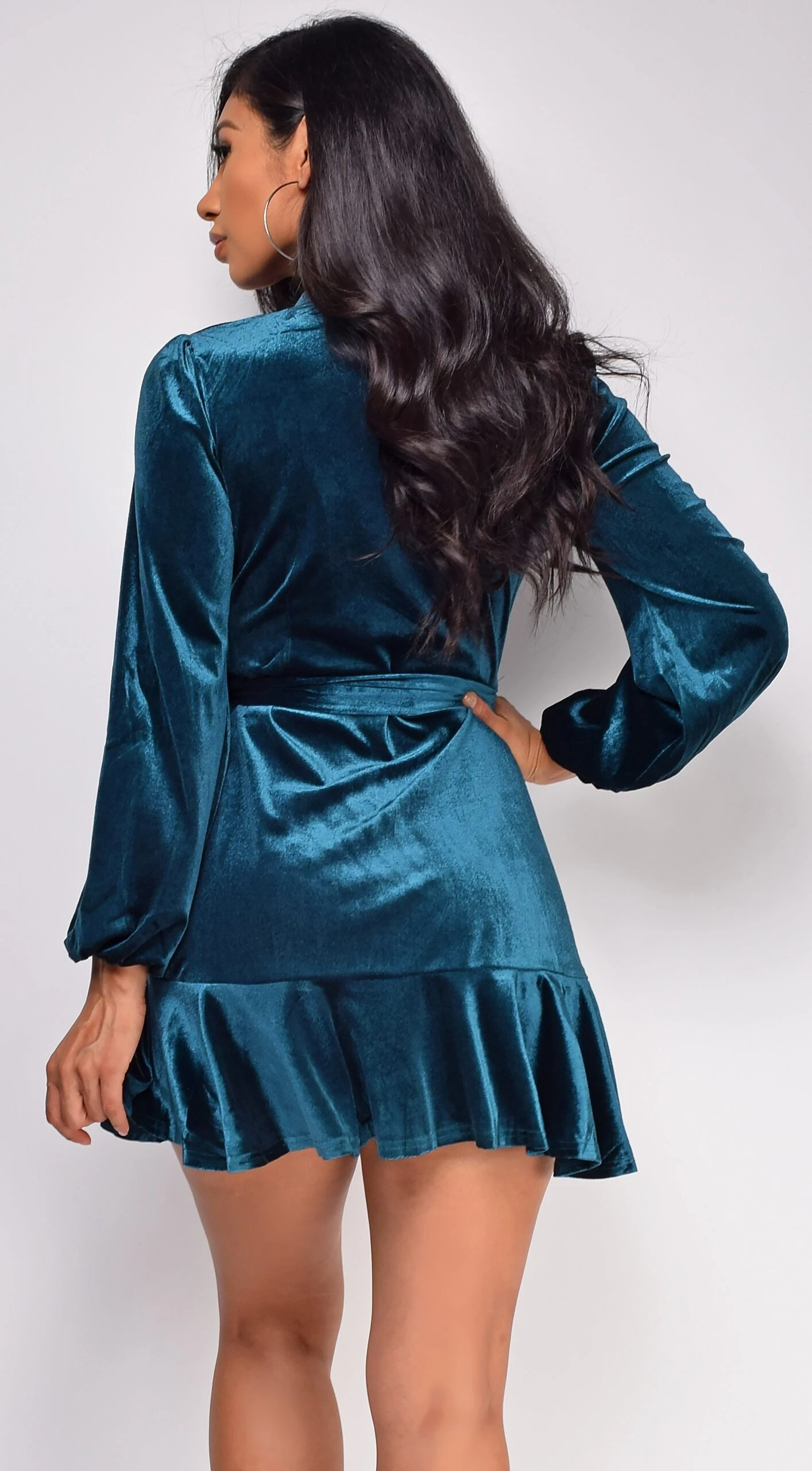 Dream Teal Blue Green Ruffled Wrap Velvet Mini Dress 7 Dream Teal Blue Green Ruffled Wrap Velvet Mini Dress - Image 7